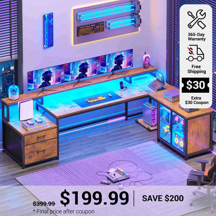 SEDETA 78.7 Inch L Shaped Gaming Desk with LED Light Computer Desk with Drawers Power Outlet Storage Shelves and Display Cabinet