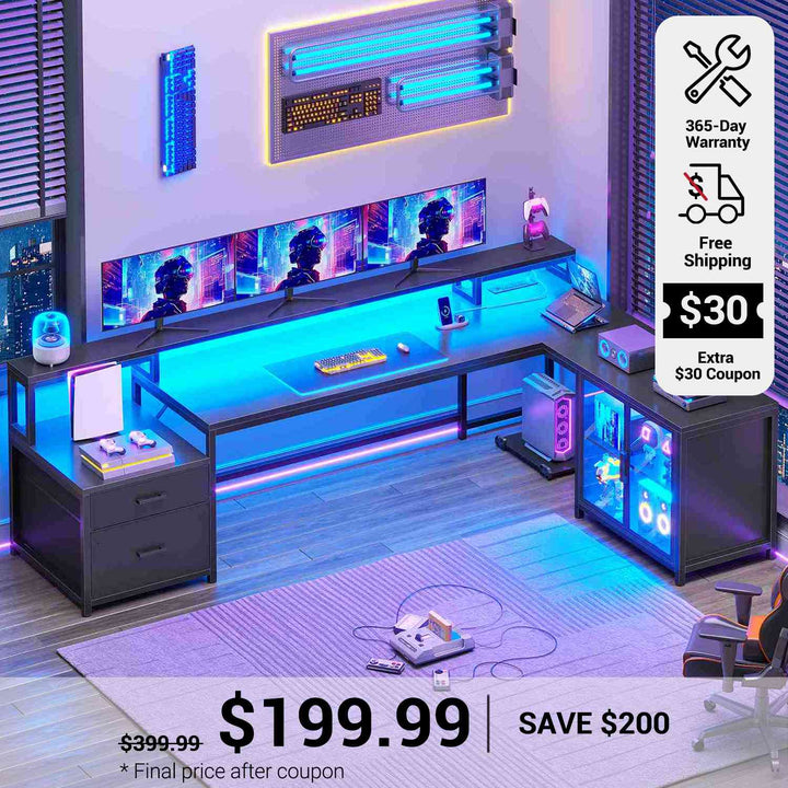 SEDETA 78.7 Inch L Shaped Gaming Desk with LED Light Computer Desk with Drawers Power Outlet Storage Shelves and Display Cabinet