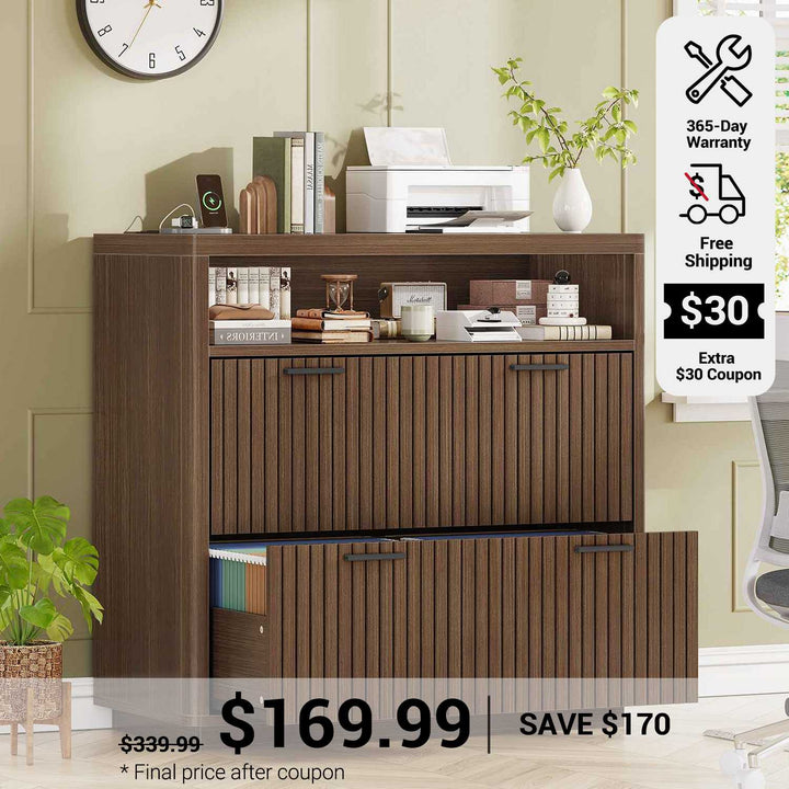SEDETA 31.5 Inch Farmhouse Filing Cabinet 2 Drawer Fluted File Cabinet with Power Strip Printer Stand with Storage Fits Letter/Legal/A4 Size