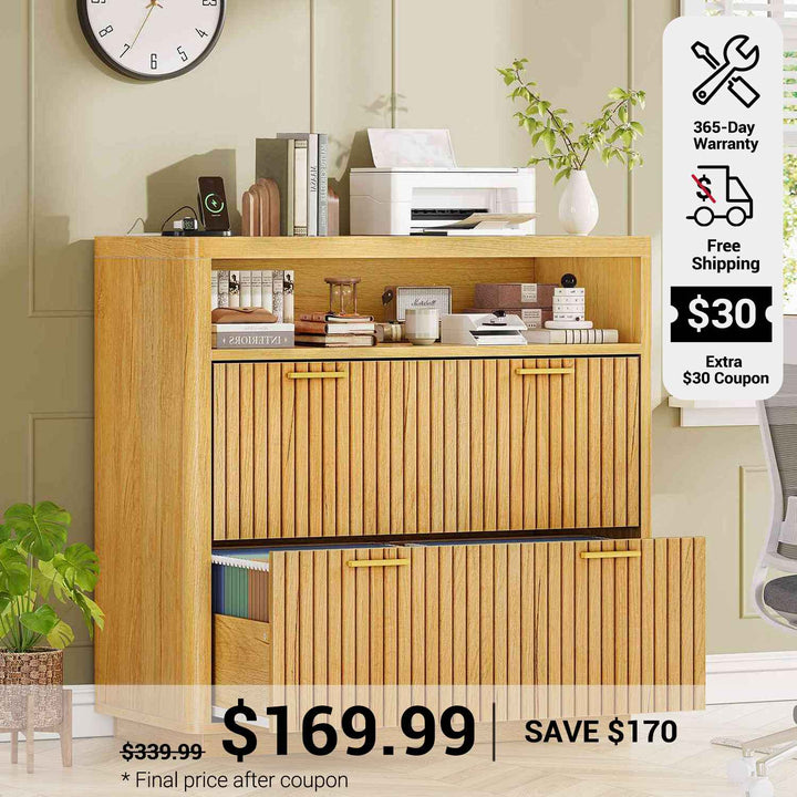 SEDETA 31.5 Inch Farmhouse Filing Cabinet 2 Drawer Fluted File Cabinet with Power Strip Printer Stand with Storage Fits Letter/Legal/A4 Size