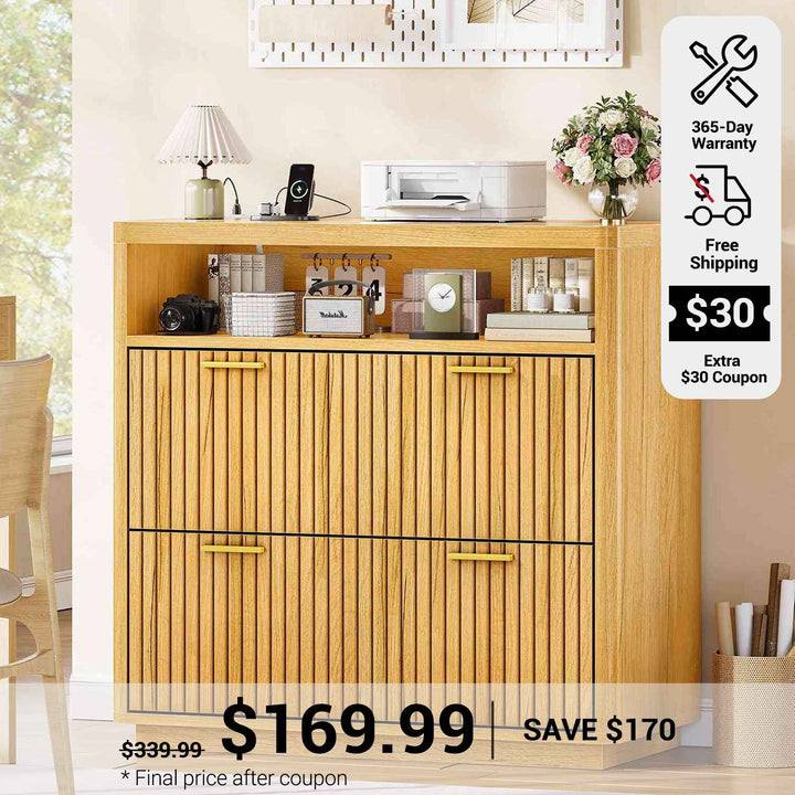 SEDETA 31.5 Inch Farmhouse Filing Cabinet 2 Drawer Fluted File Cabinet with Power Strip Printer Stand with Storage Fits Letter/Legal/A4 Size