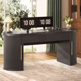 SEDETA - 58.3 Inch Fluted Long Computer Desk Executive Desk Wood Office Desk with 2 Drawers 2 Sliding Doors 4 Storage Shelves Power Strip