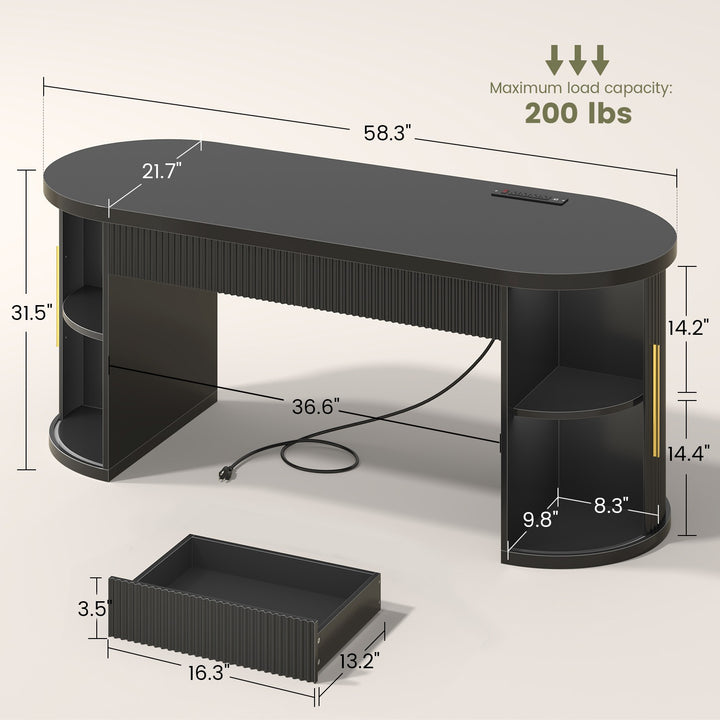 SEDETA 58.3 Inch Office Desk with 2 Drawers Fluted Long Computer Desk with 2 Sliding Doors Storage and Power Strip Wood Executive Desk for Home Office