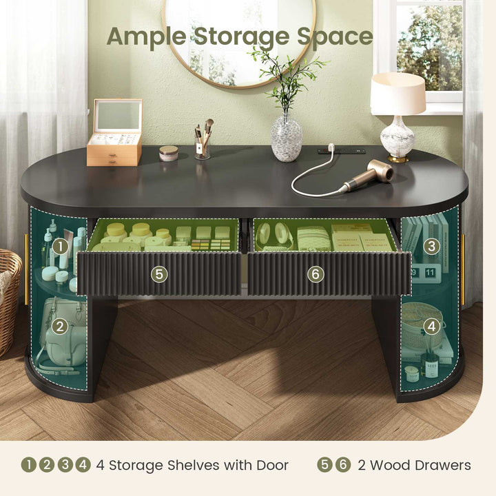 SEDETA 58.3 Inch Office Desk with 2 Drawers Fluted Long Computer Desk with 2 Sliding Doors Storage and Power Strip Wood Executive Desk for Home Office