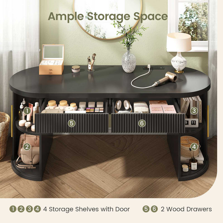 SEDETA 58.3 Inch Office Desk with 2 Drawers Fluted Long Computer Desk with 2 Sliding Doors Storage and Power Strip Wood Executive Desk for Home Office