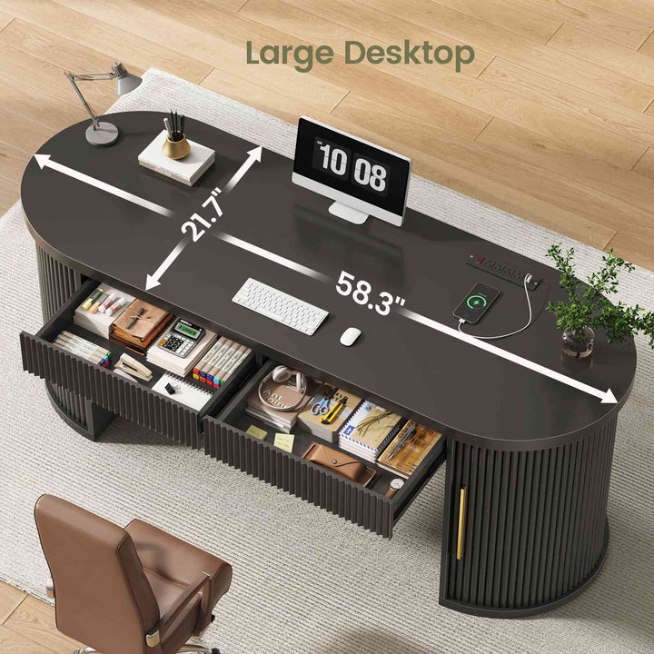 SEDETA 58.3 Inch Office Desk with 2 Drawers Fluted Long Computer Desk with 2 Sliding Doors Storage and Power Strip Wood Executive Desk for Home Office