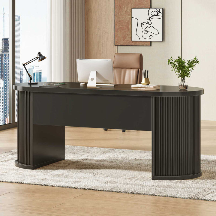 SEDETA 58.3 Inch Office Desk with 2 Drawers Fluted Long Computer Desk with 2 Sliding Doors Storage and Power Strip Wood Executive Desk for Home Office