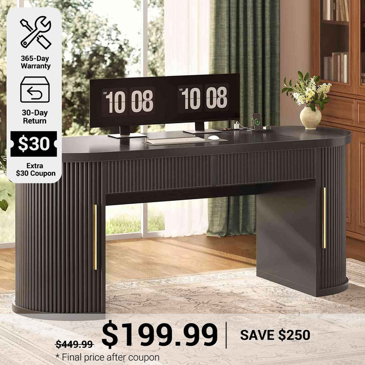 SEDETA® 58.3 Inch Fluted Long Computer Desk Executive Desk Wood Office Desk with 2 Drawers 2 Sliding Doors 4 Storage Shelves Power Strip