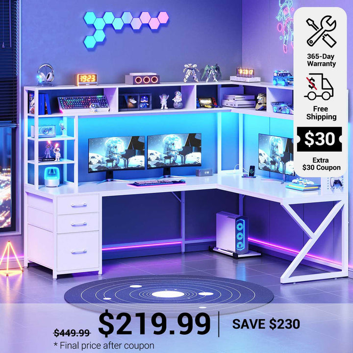 SEDETA 94.5 Inch Convertible Gaming Desk with Storage Shelves and Hutch Computer Desk with Drawers Power Outlet and LED Lights