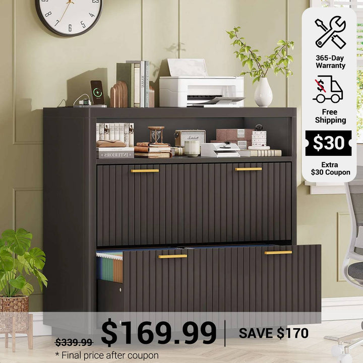 SEDETA 31.5 Inch Farmhouse Filing Cabinet 2 Drawer Fluted File Cabinet with Power Strip Printer Stand with Storage Fits Letter/Legal/A4 Size