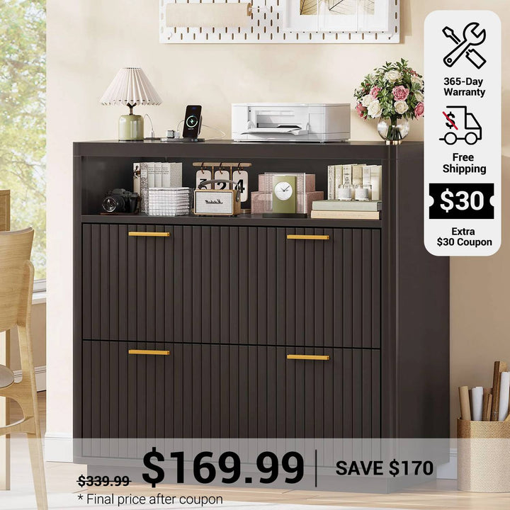 SEDETA 31.5 Inch Farmhouse Filing Cabinet 2 Drawer Fluted File Cabinet with Power Strip Printer Stand with Storage Fits Letter/Legal/A4 Size