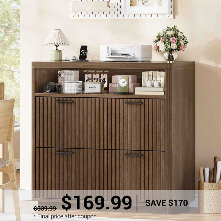 SEDETA 31.5 Inch Farmhouse Filing Cabinet 2 Drawer Fluted File Cabinet with Power Strip Printer Stand with Storage Fits Letter/Legal/A4 Size