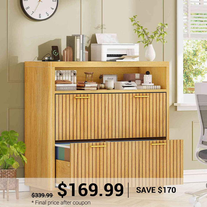 SEDETA 31.5 Inch Farmhouse Filing Cabinet 2 Drawer Fluted File Cabinet with Power Strip Printer Stand with Storage Fits Letter/Legal/A4 Size