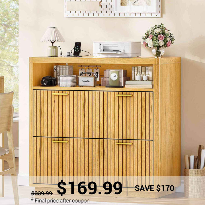 SEDETA 31.5 Inch Farmhouse Filing Cabinet 2 Drawer Fluted File Cabinet with Power Strip Printer Stand with Storage Fits Letter/Legal/A4 Size