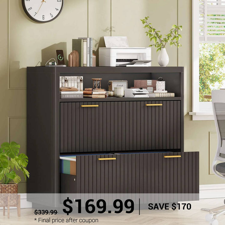 SEDETA 31.5 Inch Farmhouse Filing Cabinet 2 Drawer Fluted File Cabinet with Power Strip Printer Stand with Storage Fits Letter/Legal/A4 Size