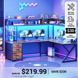 SEDETA 94.5 Inch Convertible Gaming Desk with Storage Shelves and Hutch Computer Desk with Drawers Power Outlet and LED Lights
