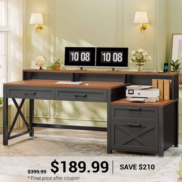 SEDETA 55 Inch Farmhouse Computer Desk with 4 Drawers Power Outlet Gaming Desk with Led Lights Storage Shelves Printer Cabinet