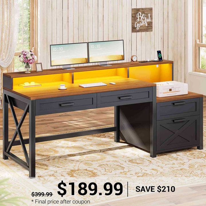 SEDETA 55 Inch Farmhouse Computer Desk with 4 Drawers Power Outlet Gaming Desk with Led Lights Storage Shelves Printer Cabinet