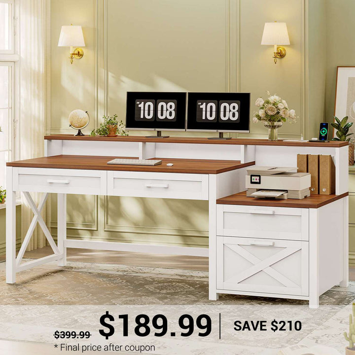 SEDETA 55 Inch Farmhouse Computer Desk with 4 Drawers Power Outlet Gaming Desk with Led Lights Storage Shelves Printer Cabinet