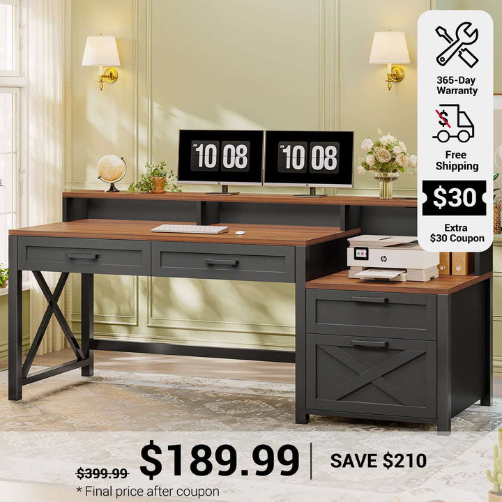 SEDETA 55 Inch Farmhouse Computer Desk with 4 Drawers Power Outlet Gaming Desk with Led Lights Storage Shelves Printer Cabinet