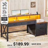 SEDETA 55 Inch Farmhouse Computer Desk with 4 Drawers Power Outlet Gaming Desk with Led Lights Storage Shelves Printer Cabinet