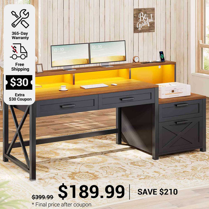 SEDETA 55 Inch Farmhouse Computer Desk with 4 Drawers Power Outlet Gaming Desk with Led Lights Storage Shelves Printer Cabinet