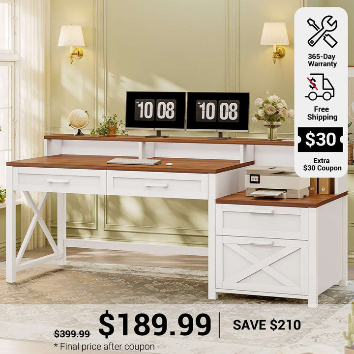 SEDETA 55 Inch Farmhouse Computer Desk with 4 Drawers Power Outlet Gaming Desk with Led Lights Storage Shelves Printer Cabinet