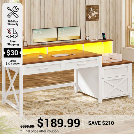 SEDETA 55 Inch Farmhouse Computer Desk with 4 Drawers Power Outlet Gaming Desk with Led Lights Storage Shelves Printer Cabinet