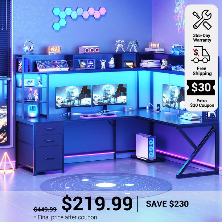 SEDETA 94.5 Inch Convertible Gaming Desk with Storage Shelves and Hutch Computer Desk with Drawers Power Outlet and LED Lights