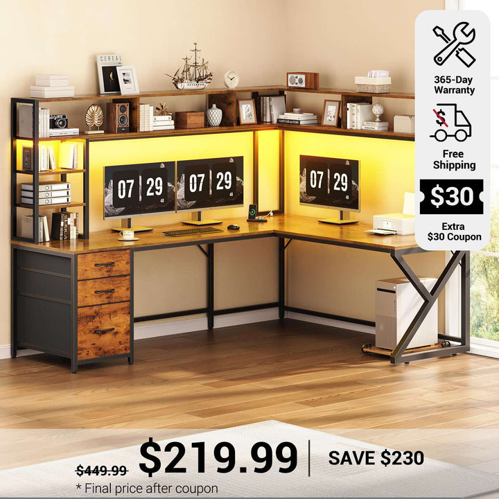 SEDETA 94.5 Inch Convertible Gaming Desk with Storage Shelves and Hutch Computer Desk with Drawers Power Outlet and LED Lights