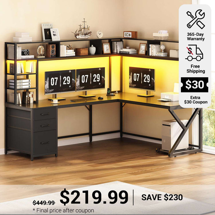 SEDETA 94.5 Inch Convertible Gaming Desk with Storage Shelves and Hutch Computer Desk with Drawers Power Outlet and LED Lights