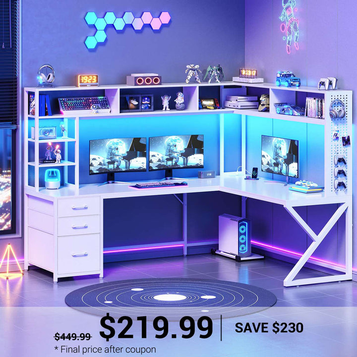 SEDETA 94.5 Inch Convertible Gaming Desk with Storage Shelves and Hutch Computer Desk with Drawers Power Outlet and LED Lights