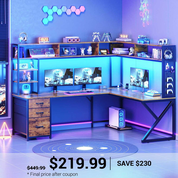 SEDETA 94.5 Inch Convertible Gaming Desk with Storage Shelves and Hutch Computer Desk with Drawers Power Outlet and LED Lights