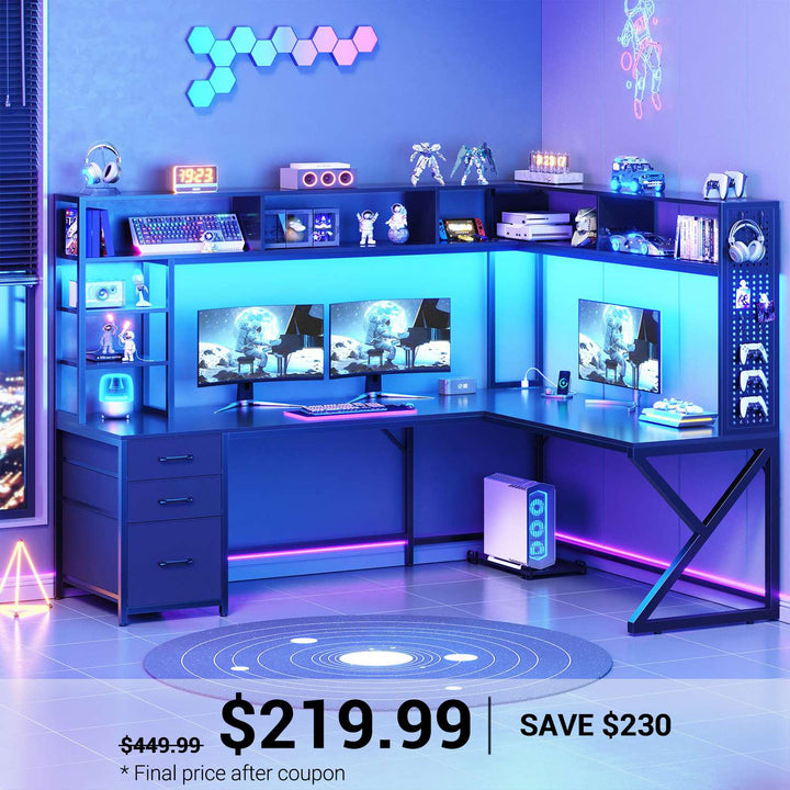 SEDETA 94.5 Inch Convertible Gaming Desk with Storage Shelves and Hutch Computer Desk with Drawers Power Outlet and LED Lights