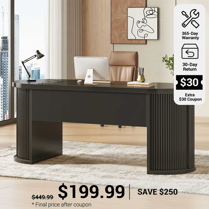 SEDETA® 58.3 Inch Fluted Long Computer Desk Executive Desk Wood Office Desk with 2 Drawers 2 Sliding Doors 4 Storage Shelves Power Strip