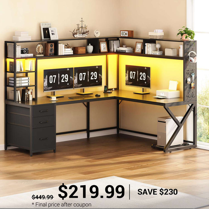 SEDETA 94.5 Inch Convertible Gaming Desk with Storage Shelves and Hutch Computer Desk with Drawers Power Outlet and LED Lights