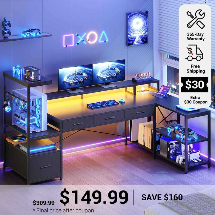 SEDETA 59 Inch L Shaped Gaming Desk with PC Display Stand Reversible Computer Desk with Storage Shelves 4 Drawer Modern Gamer Desk Table with LED Lights