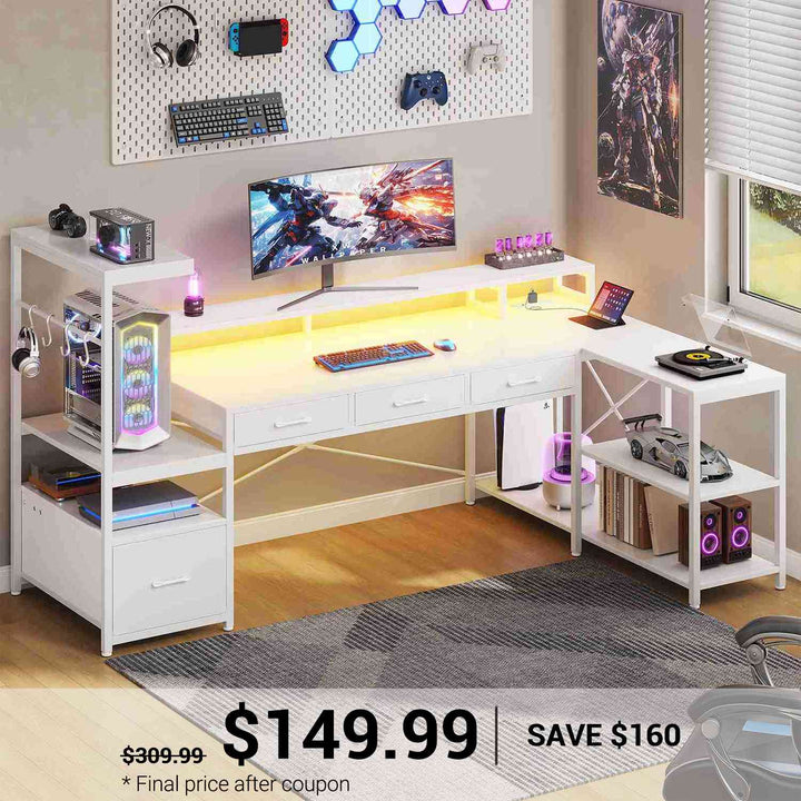 SEDETA 59 Inch L Shaped Gaming Desk with PC Display Stand Reversible Computer Desk with Storage Shelves 4 Drawer Modern Gamer Desk Table with LED Lights