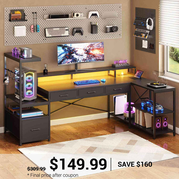 SEDETA 59 Inch L Shaped Gaming Desk with PC Display Stand Reversible Computer Desk with Storage Shelves 4 Drawer Modern Gamer Desk Table with LED Lights