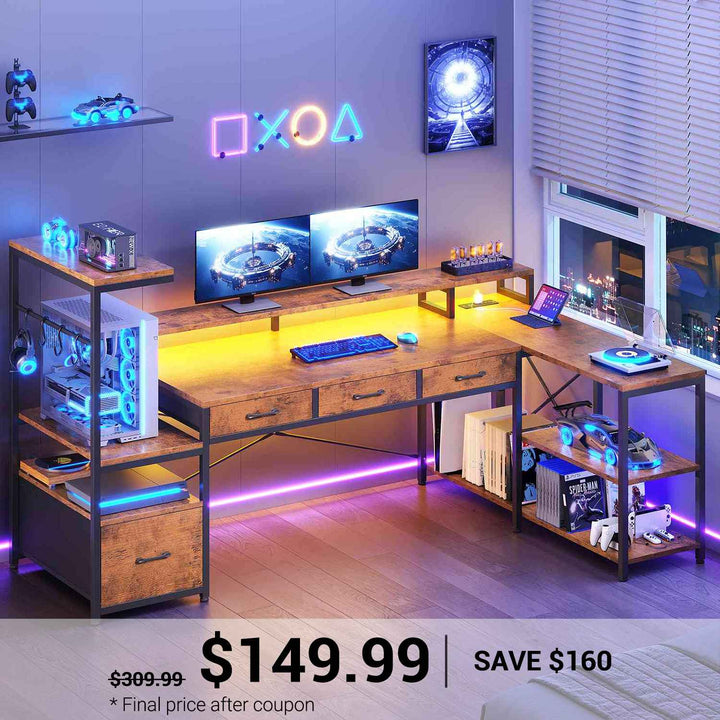 SEDETA 59 Inch L Shaped Gaming Desk with PC Display Stand Reversible Computer Desk with Storage Shelves 4 Drawer Modern Gamer Desk Table with LED Lights
