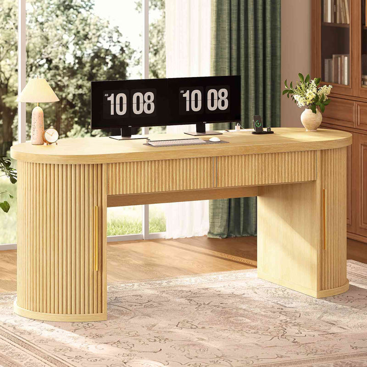 SEDETA 58.3 Inch Office Desk with 2 Drawers Fluted Long Computer Desk with 2 Sliding Doors Storage and Power Strip Wood Executive Desk for Home Office