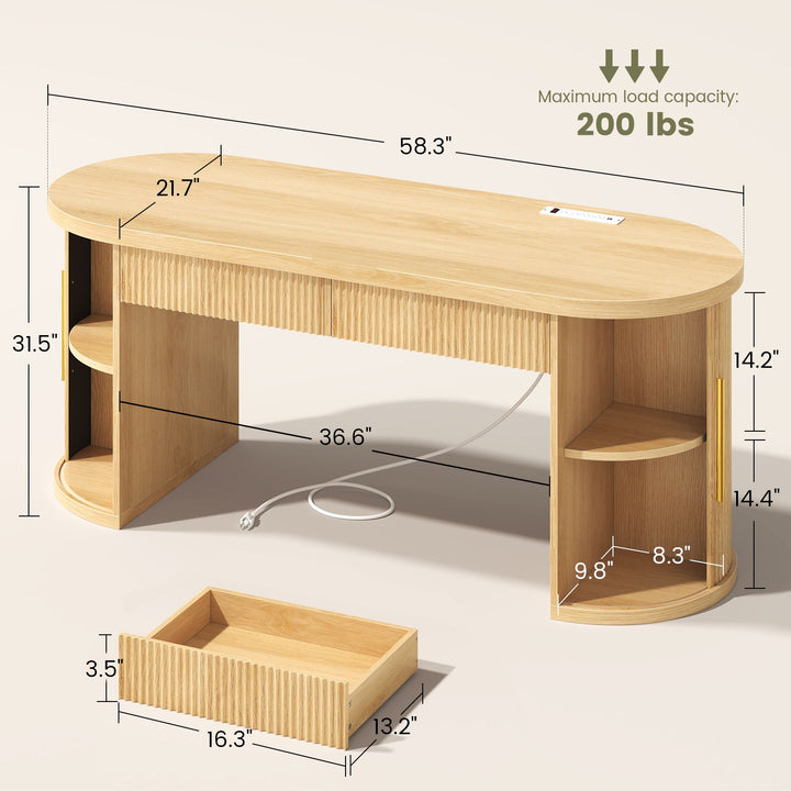 SEDETA 58.3 Inch Office Desk with 2 Drawers Fluted Long Computer Desk with 2 Sliding Doors Storage and Power Strip Wood Executive Desk for Home Office