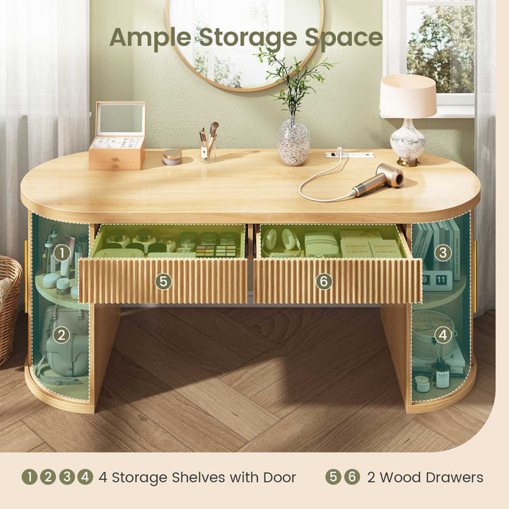 SEDETA 58.3 Inch Office Desk with 2 Drawers Fluted Long Computer Desk with 2 Sliding Doors Storage and Power Strip Wood Executive Desk for Home Office