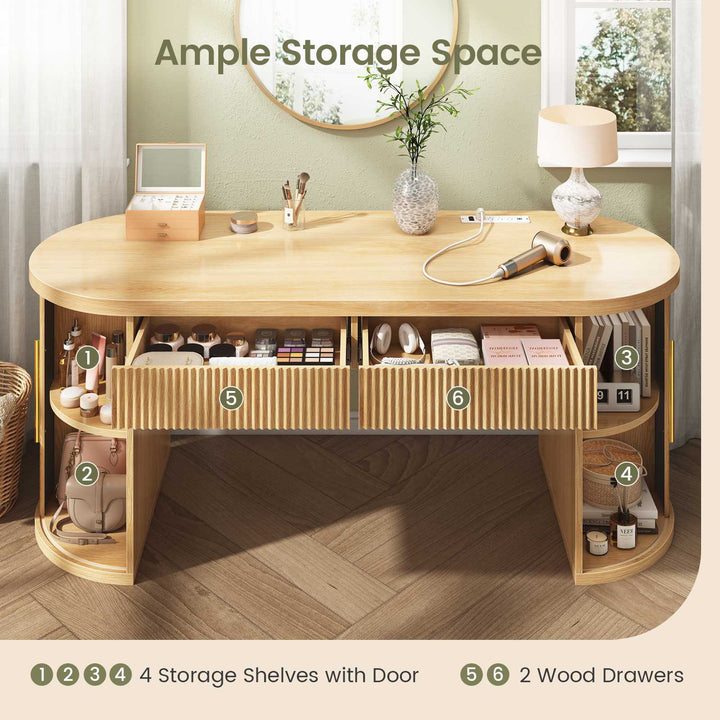 SEDETA 58.3 Inch Office Desk with 2 Drawers Fluted Long Computer Desk with 2 Sliding Doors Storage and Power Strip Wood Executive Desk for Home Office