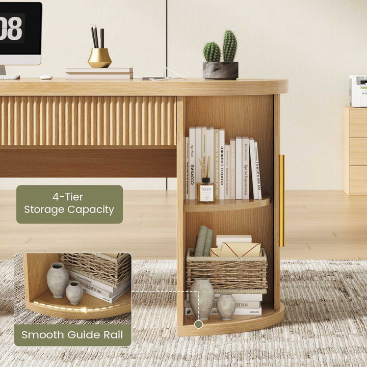 SEDETA 58.3 Inch Office Desk with 2 Drawers Fluted Long Computer Desk with 2 Sliding Doors Storage and Power Strip Wood Executive Desk for Home Office