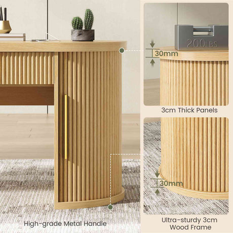 SEDETA - 58.3 Inch Fluted Long Computer Desk Executive Desk Wood Office Desk with 2 Drawers 2 Sliding Doors 4 Storage Shelves Power Strip