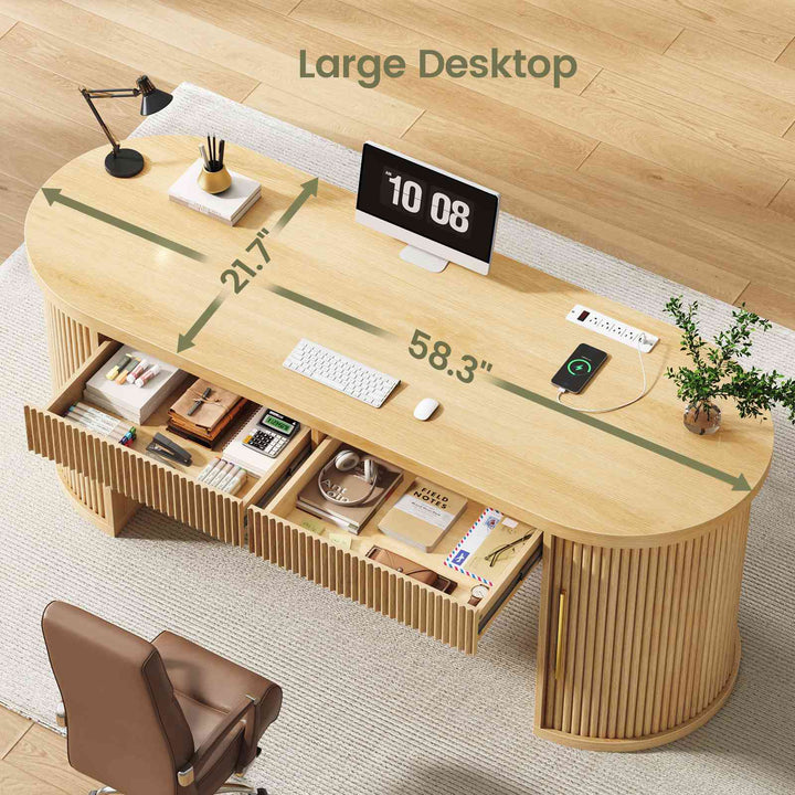 SEDETA 58.3 Inch Office Desk with 2 Drawers Fluted Long Computer Desk with 2 Sliding Doors Storage and Power Strip Wood Executive Desk for Home Office