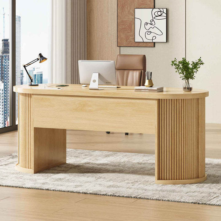 SEDETA 58.3 Inch Office Desk with 2 Drawers Fluted Long Computer Desk with 2 Sliding Doors Storage and Power Strip Wood Executive Desk for Home Office