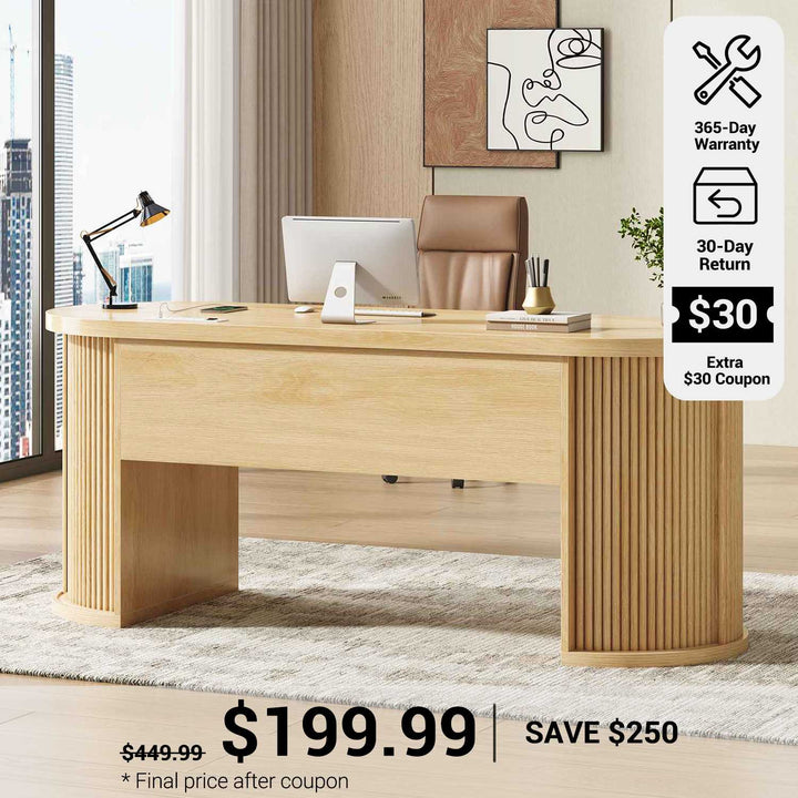 SEDETA® 58.3 Inch Fluted Long Computer Desk Executive Desk Wood Office Desk with 2 Drawers 2 Sliding Doors 4 Storage Shelves Power Strip