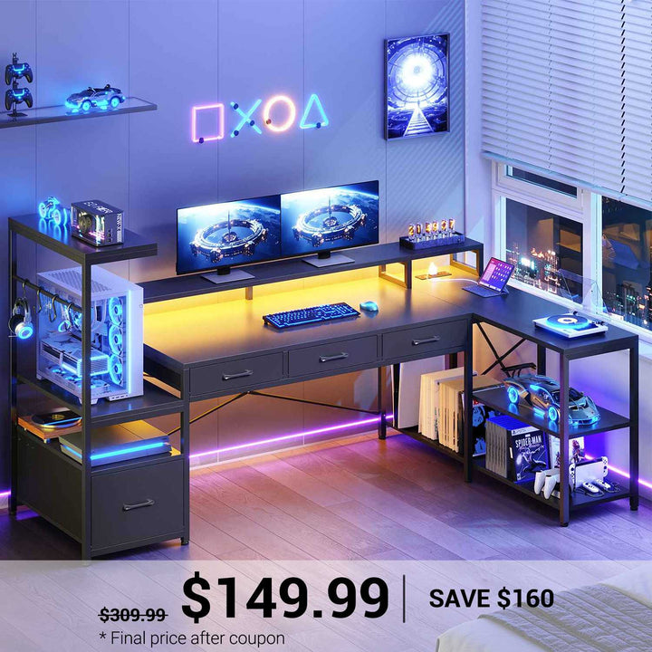 SEDETA 59 Inch L Shaped Gaming Desk with PC Display Stand Reversible Computer Desk with Storage Shelves 4 Drawer Modern Gamer Desk Table with LED Lights